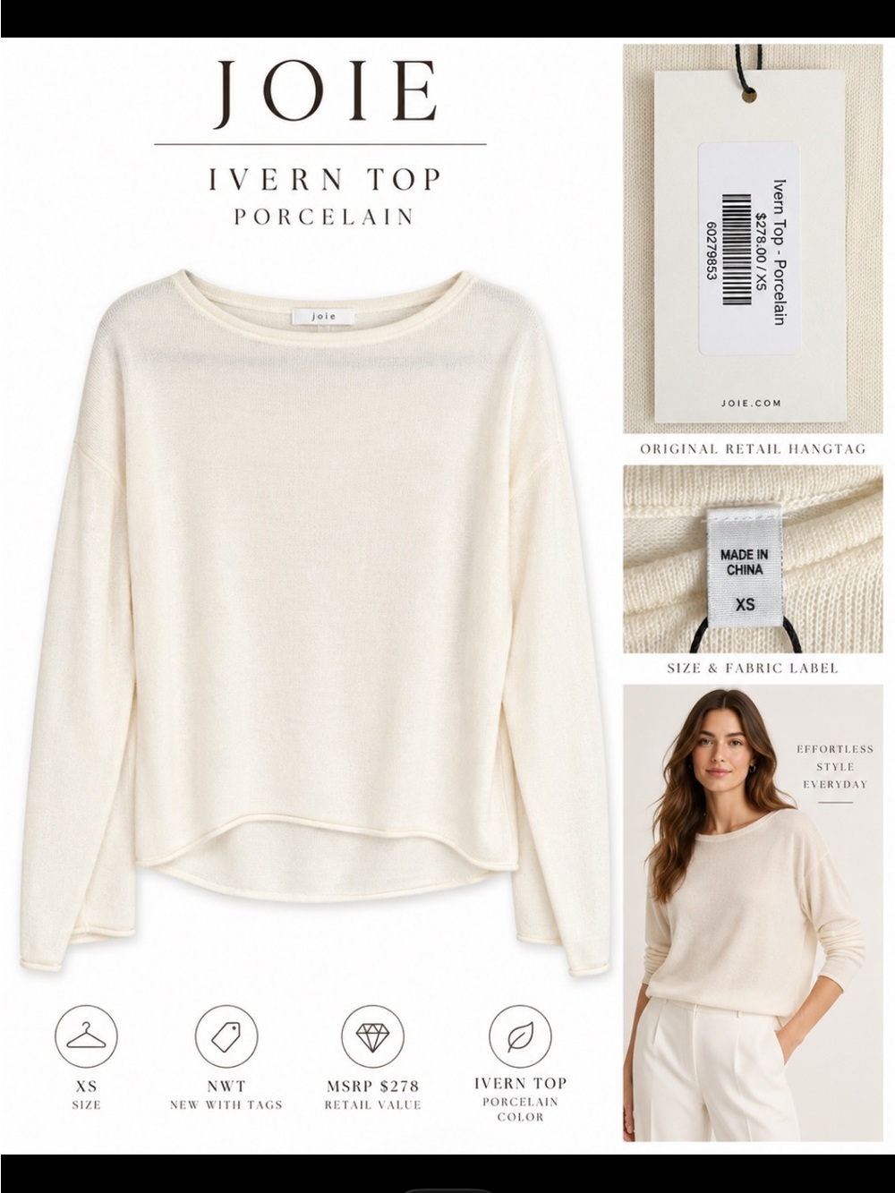 Joie Ivern 100%  Cashmere Sweater Porcelain — XS — NWT
